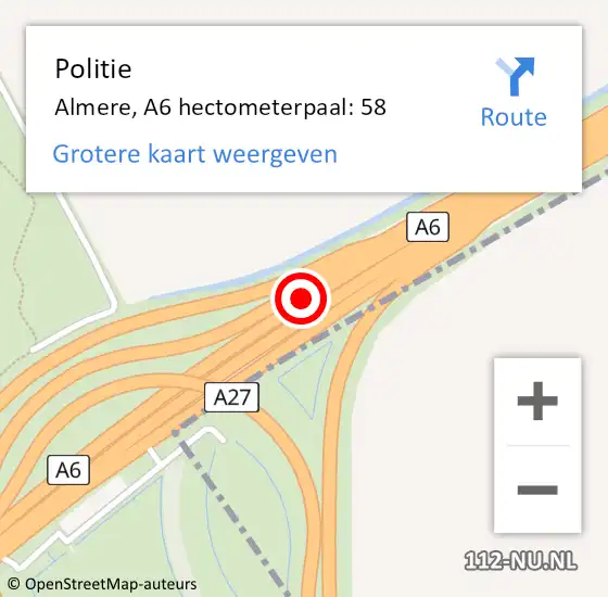 Locatie op kaart van de 112 melding: Politie Almere, A6 hectometerpaal: 58 op 30 mei 2022 18:23