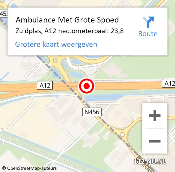 Locatie op kaart van de 112 melding: Ambulance Met Grote Spoed Naar Zuidplas, A12 hectometerpaal: 23,8 op 30 mei 2022 19:23