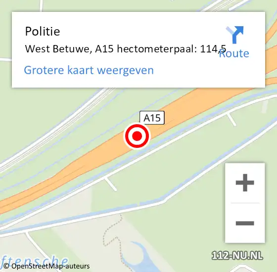 Locatie op kaart van de 112 melding: Politie West Betuwe, A15 hectometerpaal: 114,5 op 30 mei 2022 22:20
