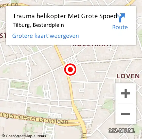 Locatie op kaart van de 112 melding: Trauma helikopter Met Grote Spoed Naar Tilburg, Besterdplein op 30 mei 2022 23:31