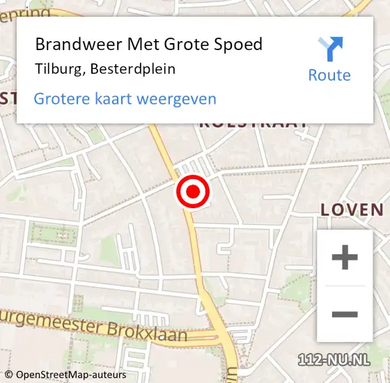 Locatie op kaart van de 112 melding: Brandweer Met Grote Spoed Naar Tilburg, Besterdplein op 30 mei 2022 23:37