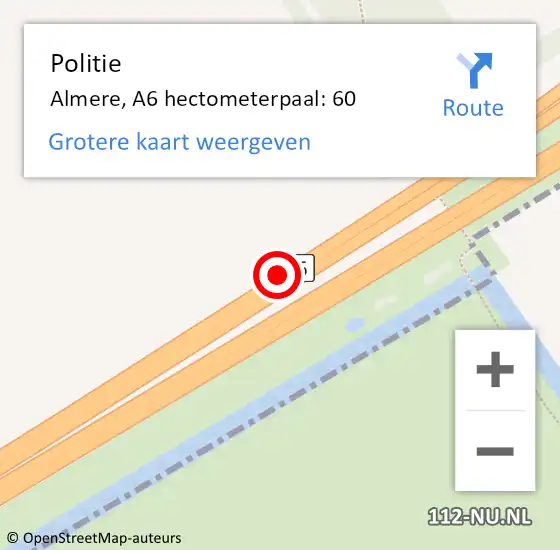 Locatie op kaart van de 112 melding: Politie Almere, A6 hectometerpaal: 60 op 31 mei 2022 02:32