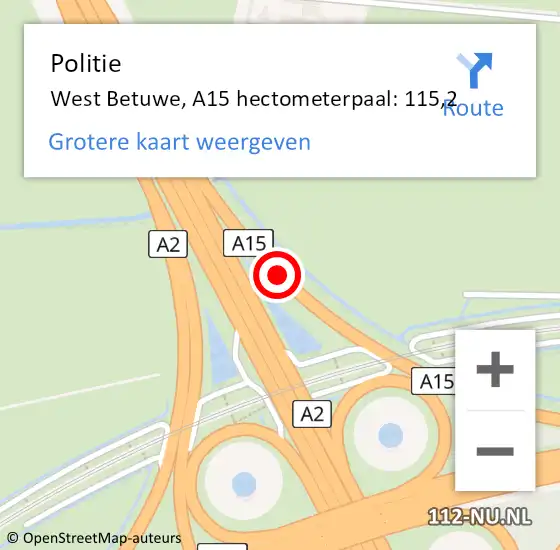 Locatie op kaart van de 112 melding: Politie West Betuwe, A15 hectometerpaal: 115,2 op 31 mei 2022 08:13