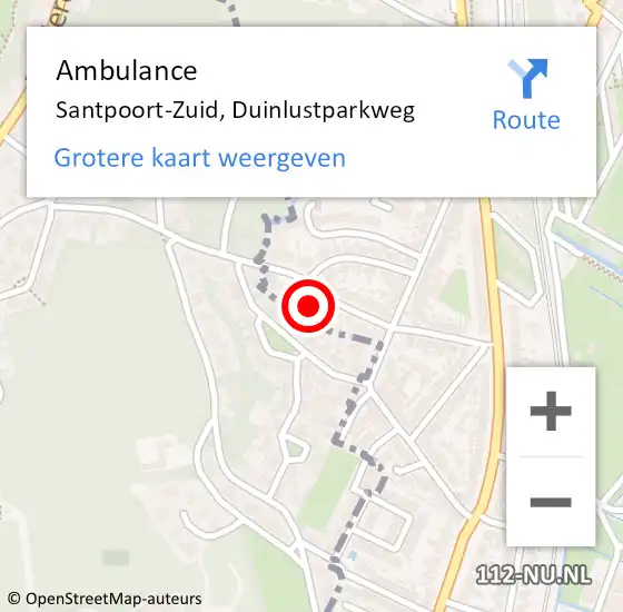 Locatie op kaart van de 112 melding: Ambulance Santpoort-Zuid, Duinlustparkweg op 31 mei 2022 08:41