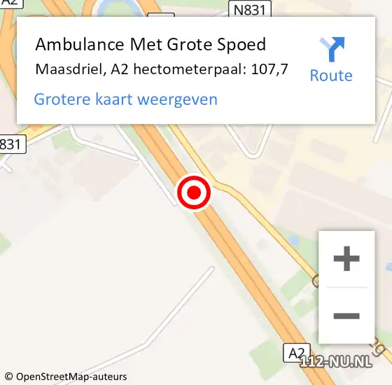 Locatie op kaart van de 112 melding: Ambulance Met Grote Spoed Naar Maasdriel, A2 hectometerpaal: 107,7 op 31 mei 2022 08:44