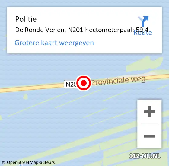 Locatie op kaart van de 112 melding: Politie De Ronde Venen, N201 hectometerpaal: 59,4 op 31 mei 2022 08:57