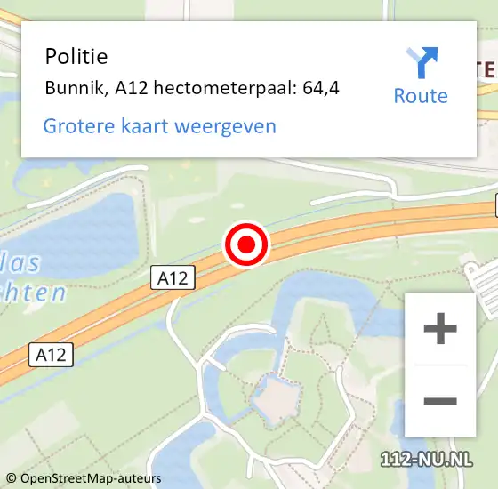 Locatie op kaart van de 112 melding: Politie Bunnik, A12 hectometerpaal: 64,4 op 31 mei 2022 12:10