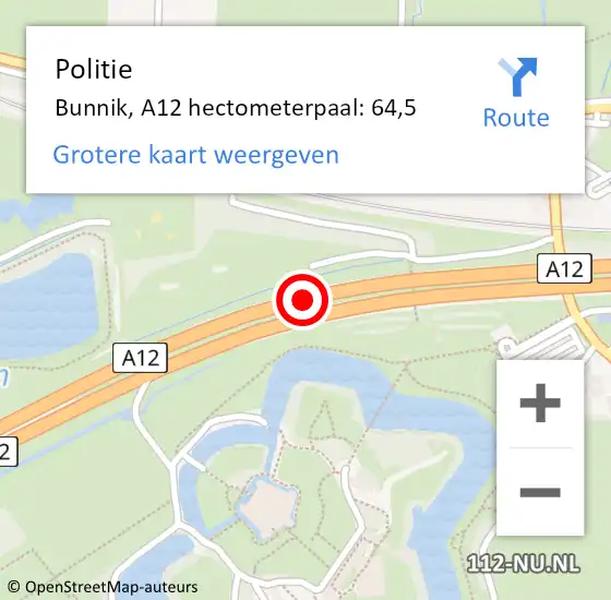 Locatie op kaart van de 112 melding: Politie Bunnik, A12 hectometerpaal: 64,5 op 31 mei 2022 12:13