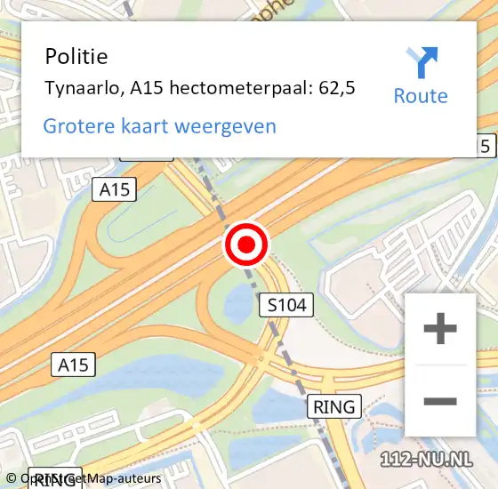 Locatie op kaart van de 112 melding: Politie Tynaarlo, A15 hectometerpaal: 62,5 op 31 mei 2022 12:29