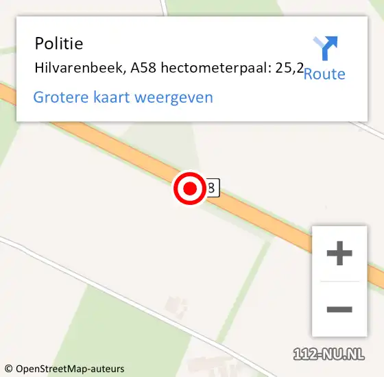 Locatie op kaart van de 112 melding: Politie Oirschot, A58 hectometerpaal: 25,2 op 31 mei 2022 13:45