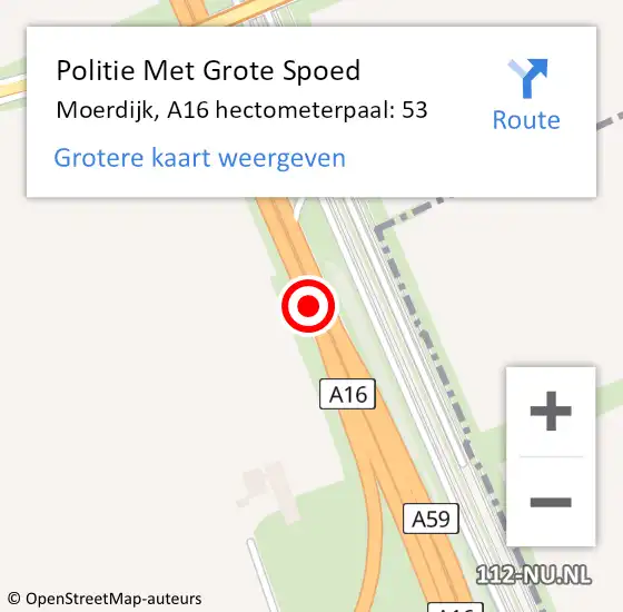 Locatie op kaart van de 112 melding: Politie Met Grote Spoed Naar Moerdijk, A16 hectometerpaal: 53 op 31 mei 2022 16:10