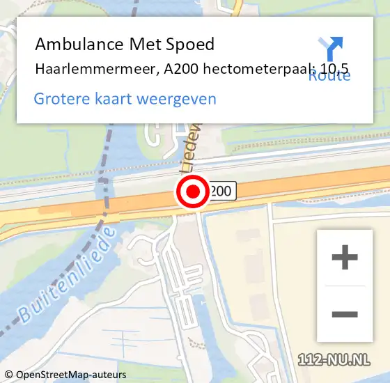 Locatie op kaart van de 112 melding: Ambulance Met Spoed Naar Haarlemmermeer, A200 hectometerpaal: 10,5 op 31 mei 2022 17:27