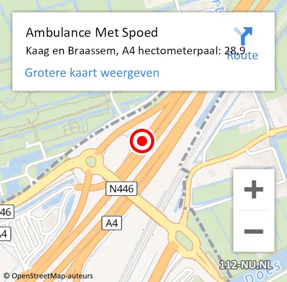 Locatie op kaart van de 112 melding: Ambulance Met Spoed Naar Kaag en Braassem, A4 hectometerpaal: 28,9 op 31 mei 2022 21:25