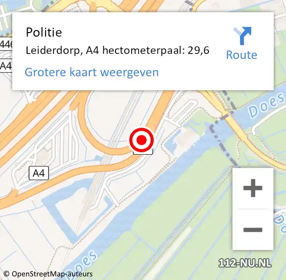 Locatie op kaart van de 112 melding: Politie Leiderdorp, A4 hectometerpaal: 29,6 op 1 juni 2022 06:45