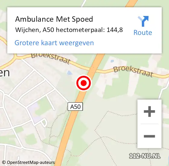 Locatie op kaart van de 112 melding: Ambulance Met Spoed Naar Wijchen, A50 hectometerpaal: 144,8 op 1 juni 2022 08:52