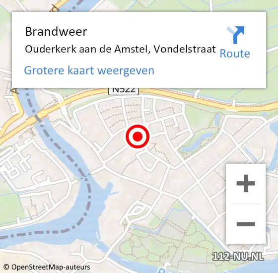 Locatie op kaart van de 112 melding: Brandweer Ouderkerk aan de Amstel, Vondelstraat op 1 juni 2022 09:08