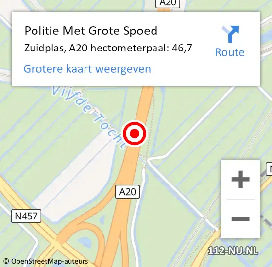 Locatie op kaart van de 112 melding: Politie Met Grote Spoed Naar Zuidplas, A20 hectometerpaal: 46,7 op 1 juni 2022 09:46