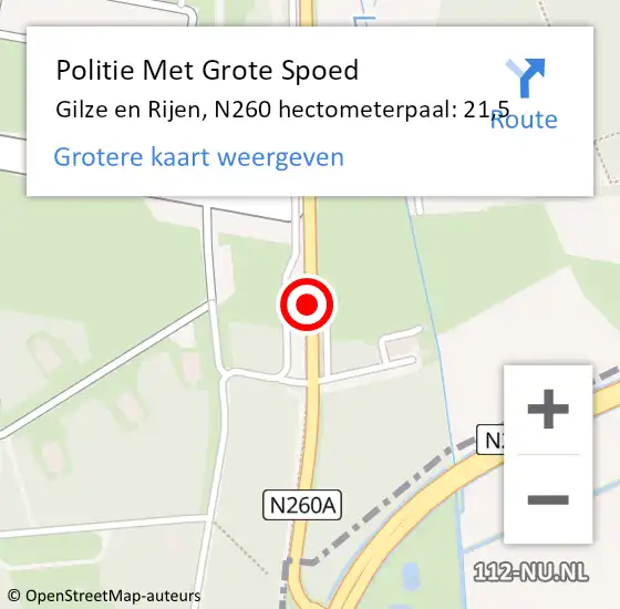 Locatie op kaart van de 112 melding: Politie Met Grote Spoed Naar Gilze en Rijen, N260 hectometerpaal: 21,5 op 1 juni 2022 11:34