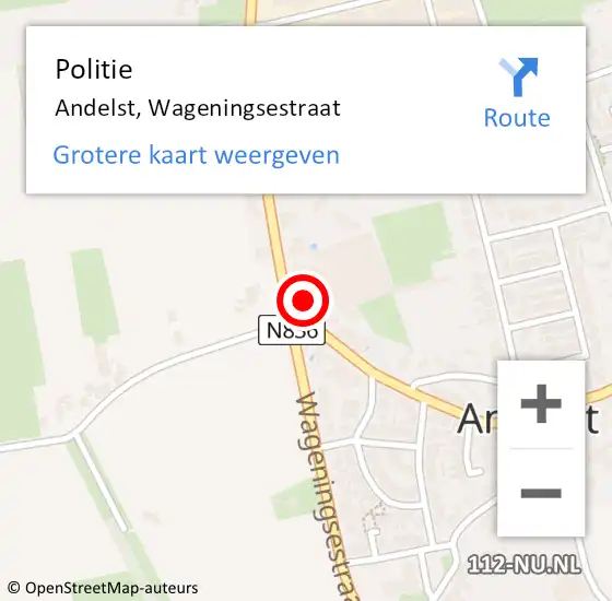 Locatie op kaart van de 112 melding: Politie Andelst, Wageningsestraat op 1 juni 2022 13:00