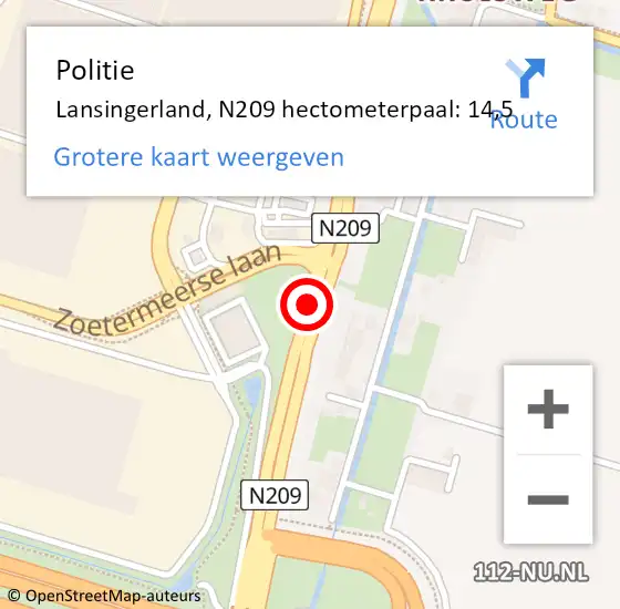 Locatie op kaart van de 112 melding: Politie Lansingerland, N209 hectometerpaal: 14,5 op 1 juni 2022 13:24