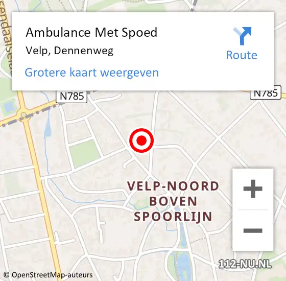 Locatie op kaart van de 112 melding: Ambulance Met Spoed Naar Velp, Dennenweg op 1 juni 2022 15:03