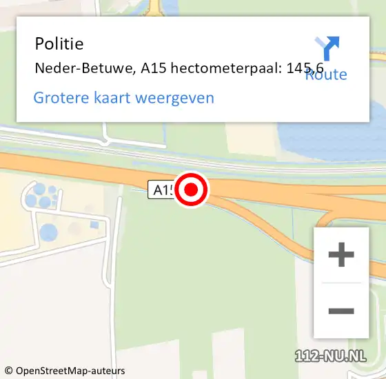 Locatie op kaart van de 112 melding: Politie Neder-Betuwe, A15 hectometerpaal: 145,6 op 1 juni 2022 15:07