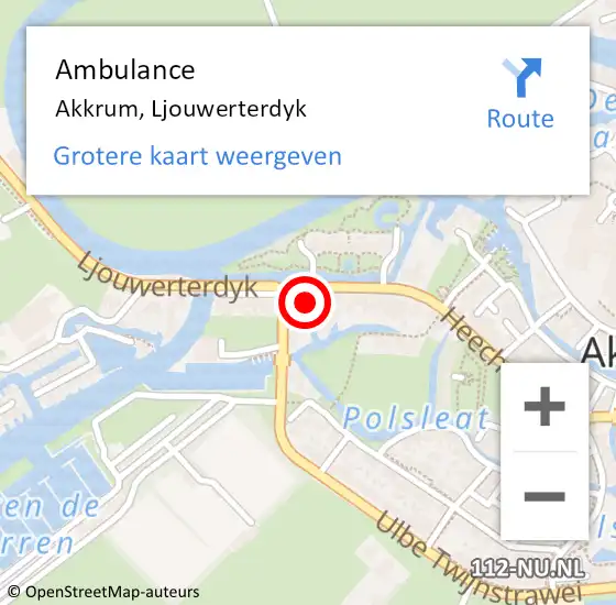 Locatie op kaart van de 112 melding: Ambulance Akkrum, Ljouwerterdyk op 1 juni 2022 16:34