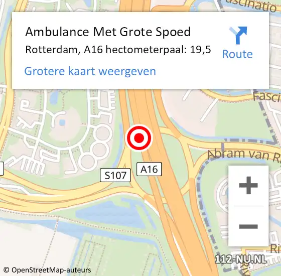Locatie op kaart van de 112 melding: Ambulance Met Grote Spoed Naar Rotterdam, A16 hectometerpaal: 19,5 op 1 juni 2022 16:34
