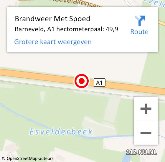 Locatie op kaart van de 112 melding: Brandweer Met Spoed Naar Barneveld, A1 hectometerpaal: 49,9 op 1 juni 2022 17:23