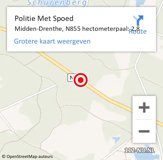 Locatie op kaart van de 112 melding: Politie Met Spoed Naar Midden-Drenthe, N855 hectometerpaal: 2,8 op 1 juni 2022 17:43