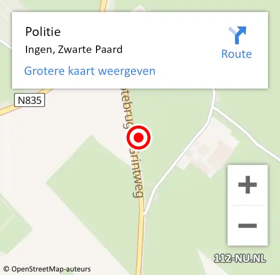 Locatie op kaart van de 112 melding: Politie Ingen, Zwarte Paard op 1 juni 2022 17:46