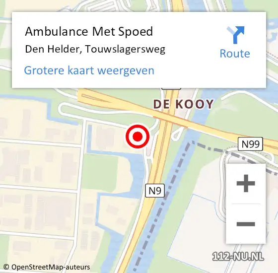 Locatie op kaart van de 112 melding: Ambulance Met Spoed Naar Den Helder, Touwslagersweg op 1 juni 2022 17:50