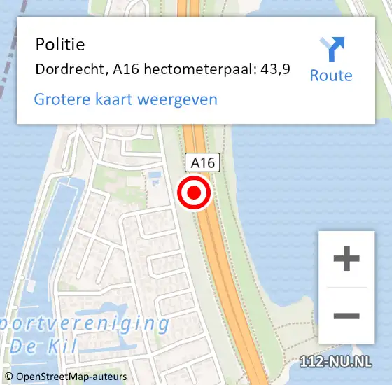Locatie op kaart van de 112 melding: Politie Dordrecht, A16 hectometerpaal: 43,9 op 1 juni 2022 18:16
