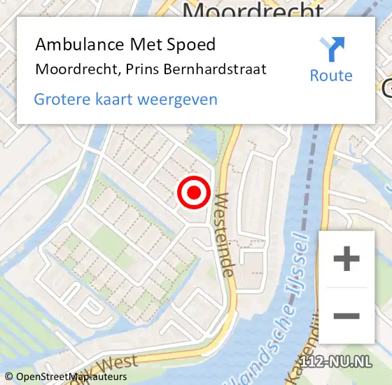 Locatie op kaart van de 112 melding: Ambulance Met Spoed Naar Moordrecht, Prins Bernhardstraat op 1 juni 2022 18:39