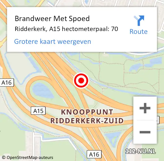 Locatie op kaart van de 112 melding: Brandweer Met Spoed Naar Ridderkerk, A15 hectometerpaal: 70 op 1 juni 2022 22:30