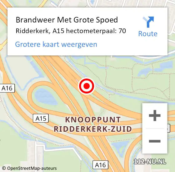Locatie op kaart van de 112 melding: Brandweer Met Grote Spoed Naar Ridderkerk, A15 hectometerpaal: 70 op 1 juni 2022 22:33