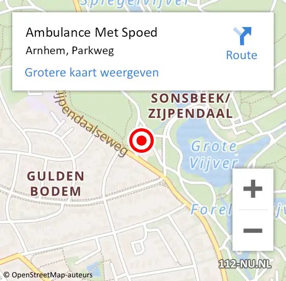 Locatie op kaart van de 112 melding: Ambulance Met Spoed Naar Arnhem, Parkweg op 1 juni 2022 22:46
