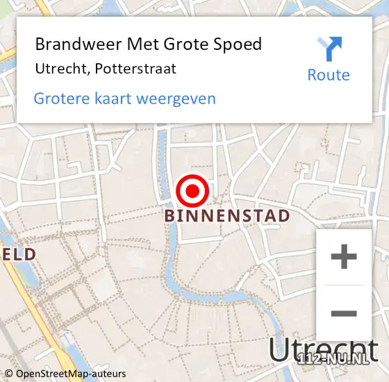 Locatie op kaart van de 112 melding: Brandweer Met Grote Spoed Naar Utrecht, Potterstraat op 1 juni 2022 23:17