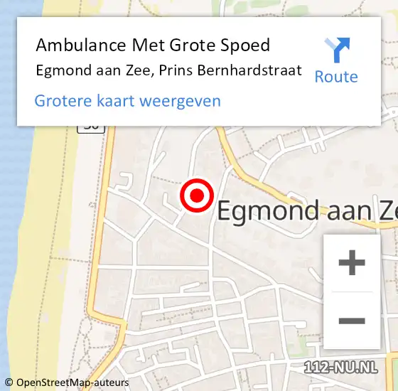 Locatie op kaart van de 112 melding: Ambulance Met Grote Spoed Naar Egmond aan Zee, Prins Bernhardstraat op 1 juni 2022 23:51