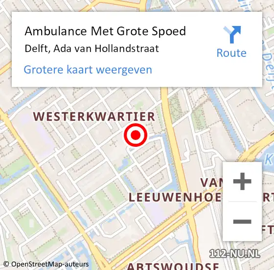 Locatie op kaart van de 112 melding: Ambulance Met Grote Spoed Naar Delft, Ada van Hollandstraat op 2 juni 2022 01:05