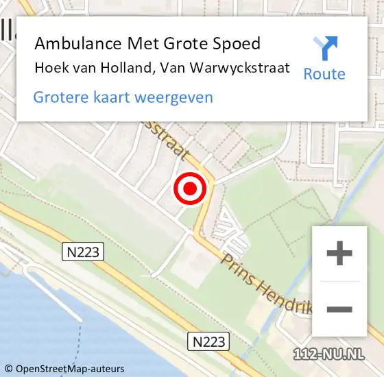 Locatie op kaart van de 112 melding: Ambulance Met Grote Spoed Naar Hoek van Holland, Van Warwyckstraat op 2 juni 2022 02:52