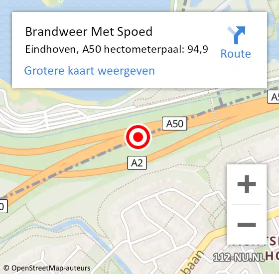 Locatie op kaart van de 112 melding: Brandweer Met Spoed Naar Eindhoven, A50 hectometerpaal: 94,9 op 2 juni 2022 07:42