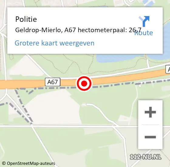 Locatie op kaart van de 112 melding: Politie Geldrop-Mierlo, A67 hectometerpaal: 26,7 op 2 juni 2022 08:30