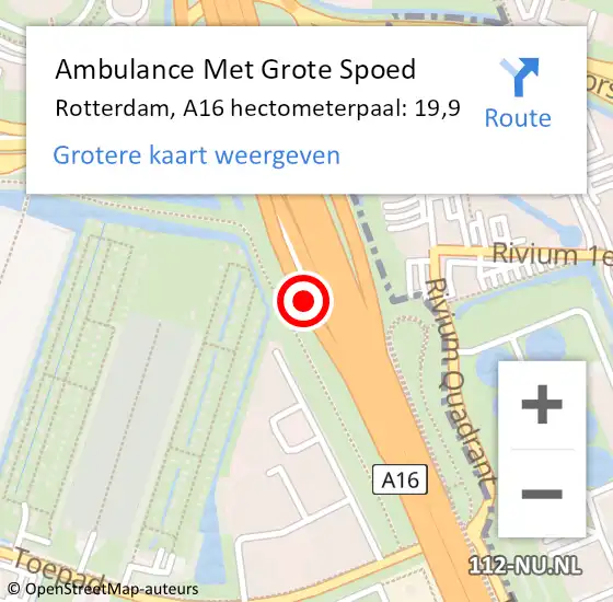 Locatie op kaart van de 112 melding: Ambulance Met Grote Spoed Naar Rotterdam, A16 hectometerpaal: 19,9 op 2 juni 2022 10:26