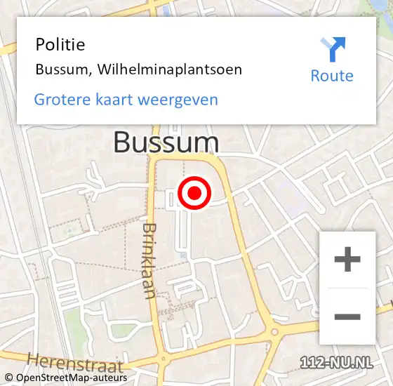 Locatie op kaart van de 112 melding: Politie Bussum, Wilhelminaplantsoen op 2 juni 2022 11:06