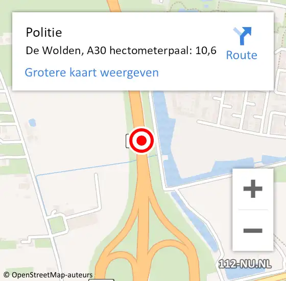 Locatie op kaart van de 112 melding: Politie De Wolden, A30 hectometerpaal: 10,6 op 2 juni 2022 12:56