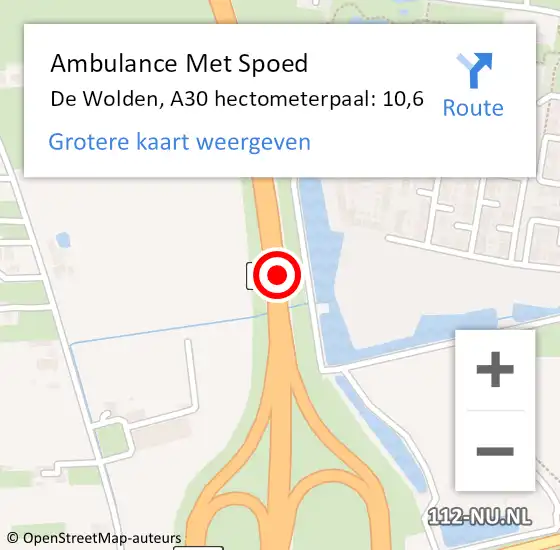 Locatie op kaart van de 112 melding: Ambulance Met Spoed Naar De Wolden, A30 hectometerpaal: 10,6 op 2 juni 2022 13:00