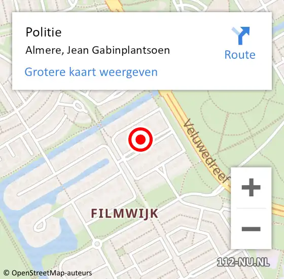 Locatie op kaart van de 112 melding: Politie Almere, Jean Gabinplantsoen op 2 juni 2022 13:20