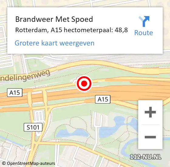 Locatie op kaart van de 112 melding: Brandweer Met Spoed Naar Rotterdam, A15 hectometerpaal: 48,8 op 2 juni 2022 14:36