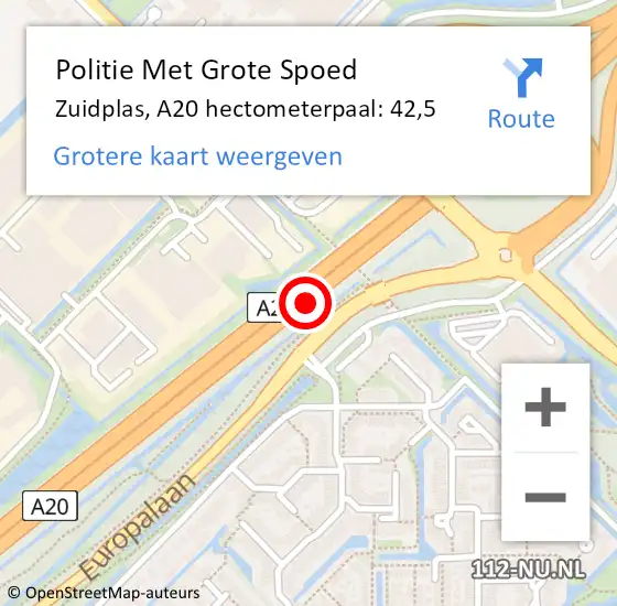 Locatie op kaart van de 112 melding: Politie Met Grote Spoed Naar Zuidplas, A20 hectometerpaal: 42,5 op 2 juni 2022 14:56